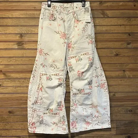 Free People We The Free Eden Slouch Jeans Cross Stitch Print Button Fly Size 27 - Picture 2 of 16
